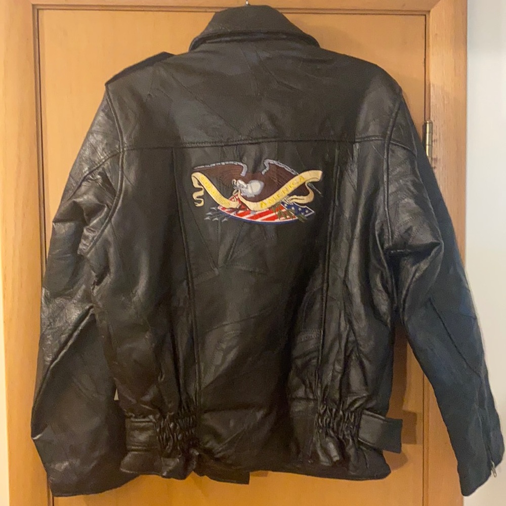 Leather Motorcycle Jacket God Bless America Patriotic Size Medium